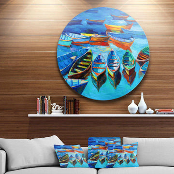 Boats in Blue Sea - Sea & Shore Metal Circle Wall Art